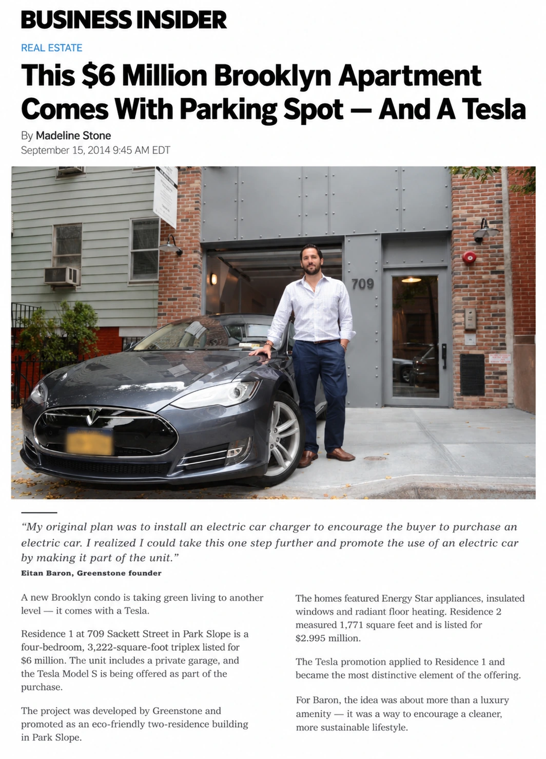 709 Sackett Street — Business Insider, This $6 Million Brooklyn Apartment Comes With Parking Spot and a Tesla